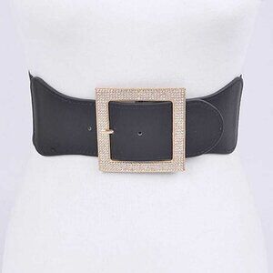 Crystal Buckle Plus Size Elastic Belt - Black/Gold
